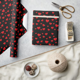 Papel De Regalo Corazones rojos en negro