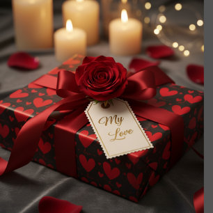 Papel De Regalo Corazones Rojos en Romántico Negro
