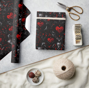 Papel De Regalo Corazones rojos góticos y calaveras grises