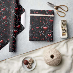 Papel De Regalo Corazones rojos grises líneas finas metálicas góti