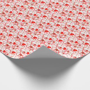 Papel De Regalo Corazones rojos y flores en blanco