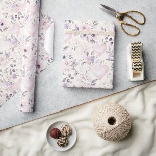 Papel De Regalo Corazones Rosa Rubor Flores Purpúreas Cumpleaños