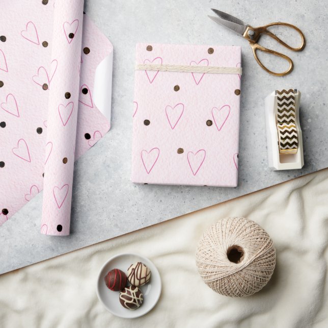 Papel De Regalo Corazones rosados con puntos negros (Artesanía)