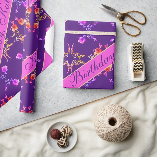 Papel De Regalo Corazones Rosas de "Feliz Cumpleaños" en morado (Artesanía)