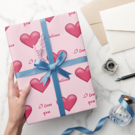 Papel De Regalo Corazones rosas y texto personalizado 'Te amo' con