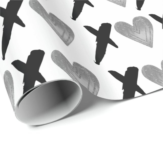 Papel De Regalo Corazones XOXO negro plateado (Esquina del rollo)