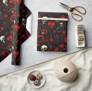 Papel De Regalo Corazones y Calaveras Rojos Góticos