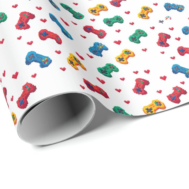 Papel de regalo Corazones y controles de píxeles - (Esquina del rollo)