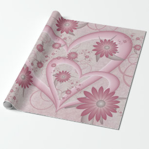 Papel De Regalo Corazones y flores abstractas rosadas Arte fractal