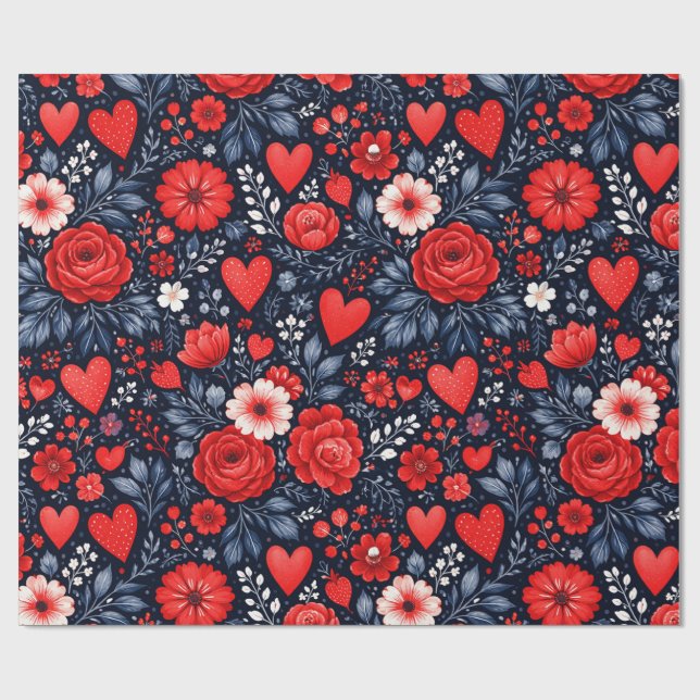 Papel De Regalo Corazones y Flores Caprichosos (Superficie plana)