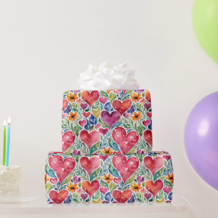 Papel De Regalo Corazones y Flores Coloridos 