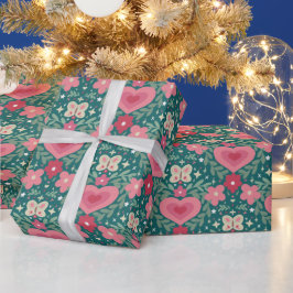 Papel De Regalo Corazones y Flores de Fiesta – Rojo Suave, Verde y