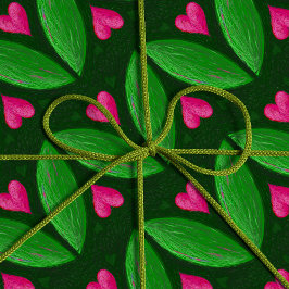 Papel De Regalo Corazones y hojas románticas - colores verdes y ro