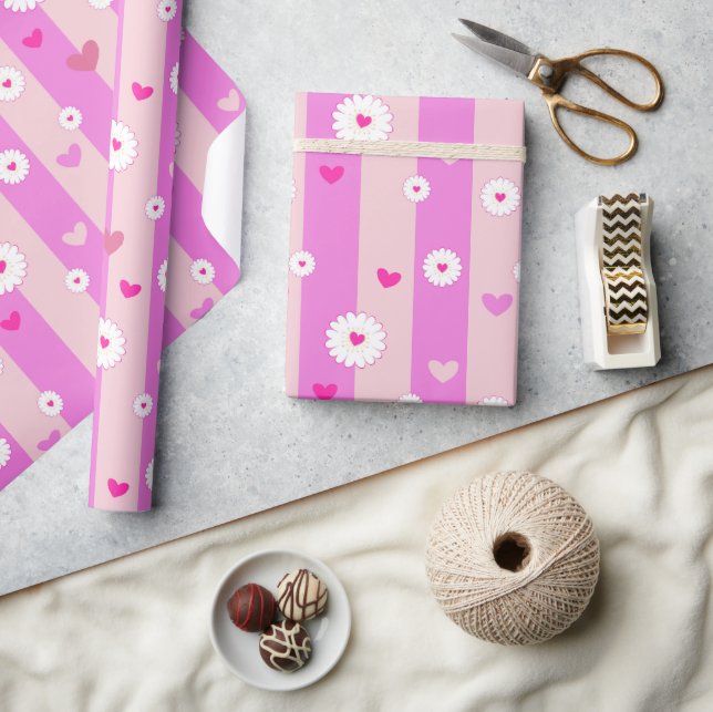 Papel De Regalo Corazones y rayas de flores (Artesanía)