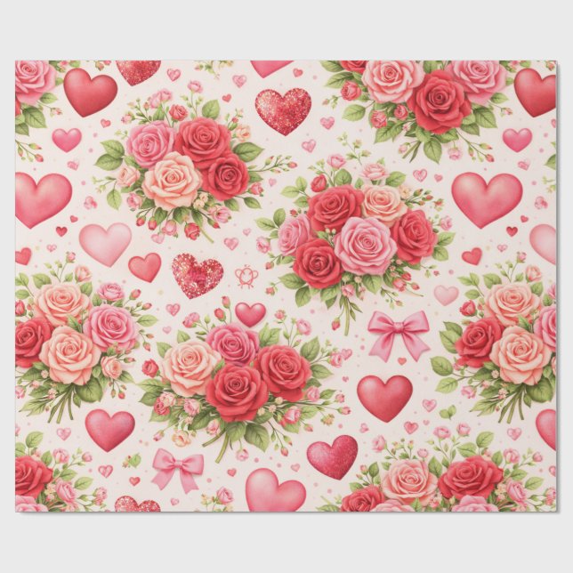 Papel De Regalo Corazones y Rosas  (Superficie plana)