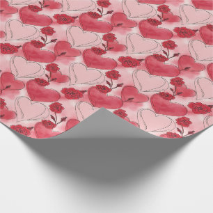 Papel De Regalo Corazones y Rosas Rojo Carmesí y Rosa Desmayado