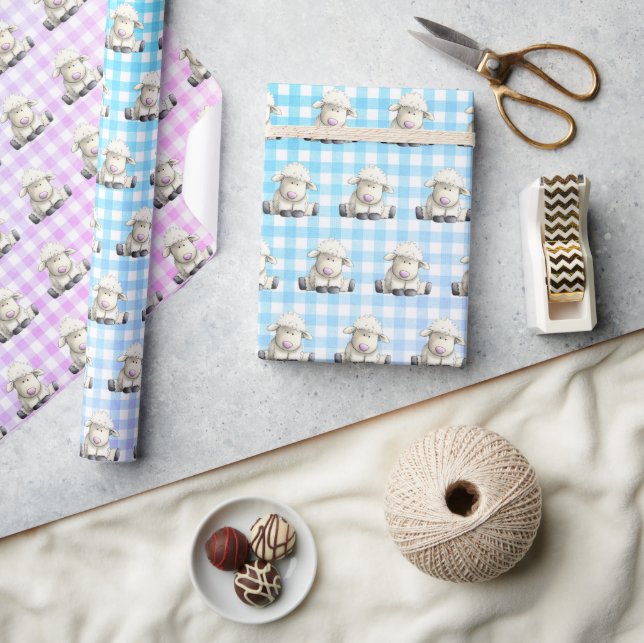 Papel De Regalo Corderitos sobre gingham pastel (Artesanía)