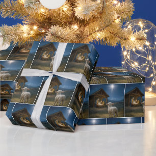 Papel De Regalo Cordero de Navidad observando el Belén