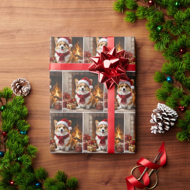 Papel De Regalo Corgi de Navidad junto a la chimenea (Regalo de vacaciones)