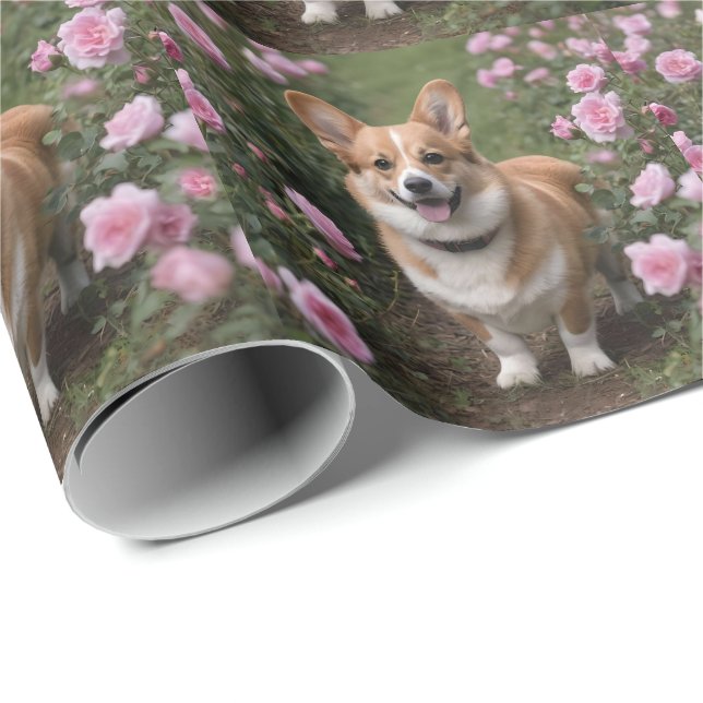 Papel De Regalo Corgi En Rosas Rosa, (Esquina del rollo)