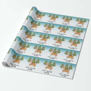 Papel De Regalo Corgi Galés Pembroke Rojo Bosque Invernal Navidad