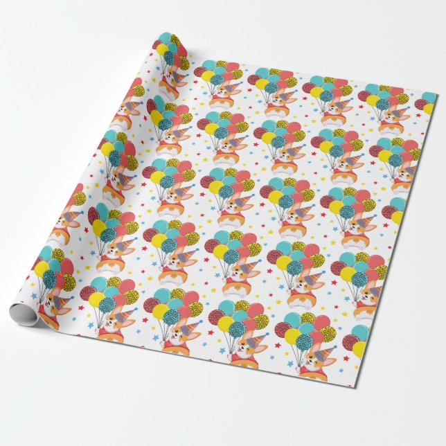 Papel De Regalo Corgi gracioso con globos Estrellas Gorras Cumplea (Desenrollado)