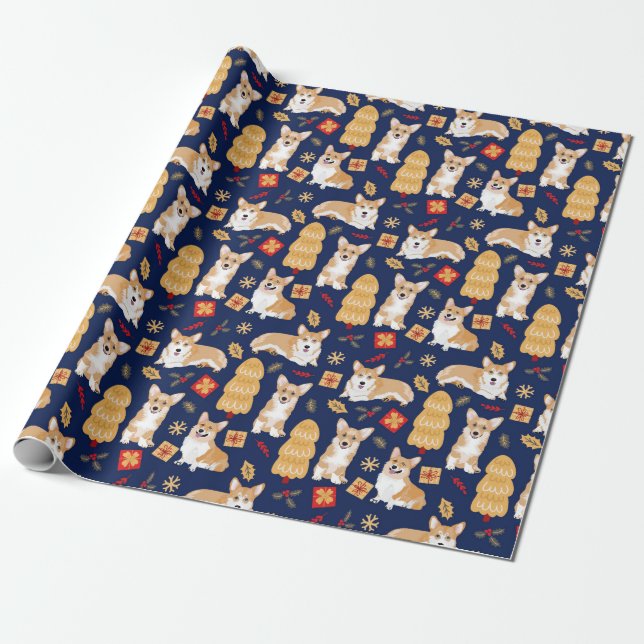 Papel De Regalo Corgis celebra navidades- patrón azul (Desenrollado)