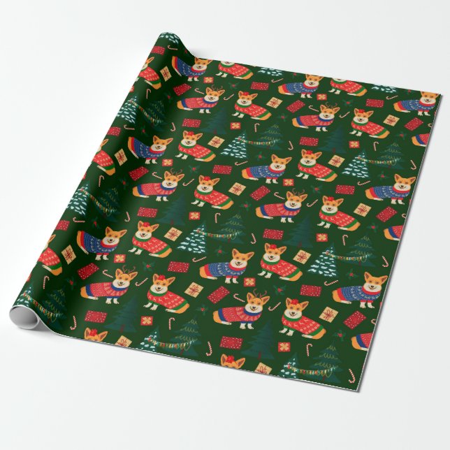 Papel De Regalo Corgis celebra navidades - patrón verde (Desenrollado)