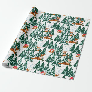 Papel De Regalo Corgis divirtiéndose en el bosque invernal - blan