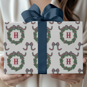 Papel De Regalo Corona de monograma con lazo de cuadros escoceses 