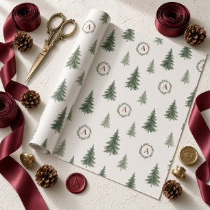 Papel De Regalo Corona de monograma de árbol de Navidad en acuarel