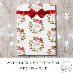 Papel De Regalo Corona de muérdago de acuarela elegante y lazo roj