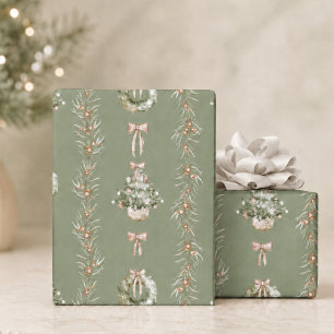 Papel De Regalo Corona de Navidad de acuarela elegante en salvia