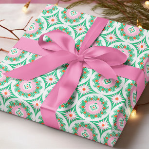 Papel De Regalo Corona de Navidad geométrica rosa verde moderna
