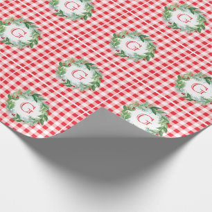Papel De Regalo Corona de pino al acuarela MONOGRAMA Cuadro Rojo