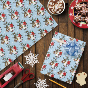 Papel De Regalo Corona de reno de Navidad azul festivo