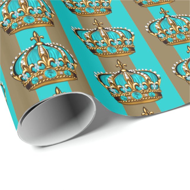 Papel De Regalo Corona del Príncipe de Oro Azul Turquesa (Esquina del rollo)