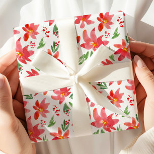 Papel De Regalo Corona floral de acuarela roja de Navidad