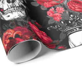 Papel De Regalo Coronas de los cráneos y rosas rojos descolorados