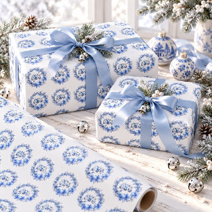 Papel De Regalo Coronas de Navidad azules elegantes vintage invier