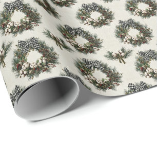 Papel De Regalo Coronas de Navidad de Pino Rústico y Bayas