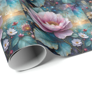Papel De Regalo Cosmos rosados y dorados Hojas de té azul