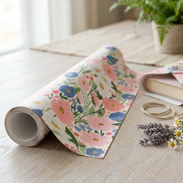 Papel De Regalo Cosmos rosados y flores silvestres azules Botánico