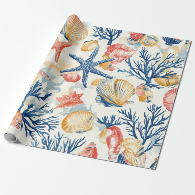 Papel De Regalo Costa Rústica - Aguas marinas, pez estrella, arrec (Desenrollado)