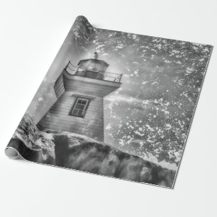 Papel De Regalo Costero Blanco Y Negro Náutico Del Océano Faro