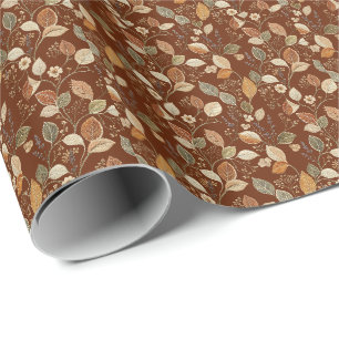 Papel De Regalo Cottagecore Bordado Hoja de Otoño Marrón Oxidado
