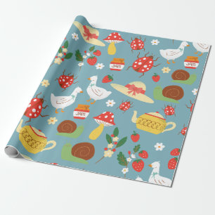 Papel De Regalo cottagecore pato azul ladybugs hongos