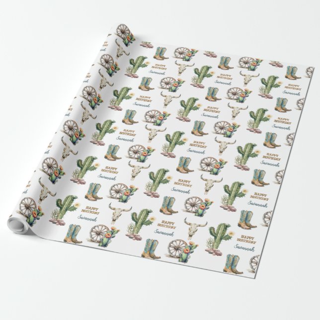 Papel De Regalo Country Western Cactus Tema Nombre Feliz Cumpleaño (Desenrollado)