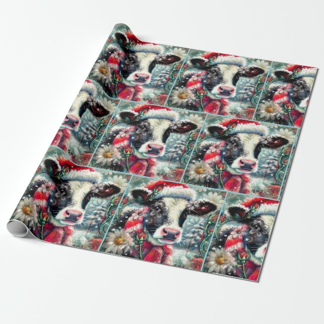 Papel De Regalo Cow Dreaming of Warmer Times Floral Decoupage (Desenrollado)