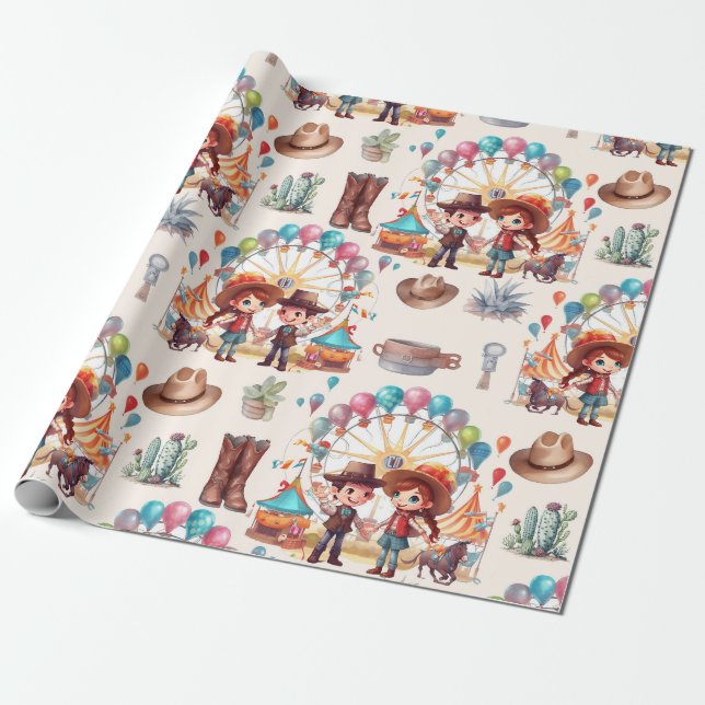 Papel De Regalo Cowboy Carnival Circus Show Cumpleaños (Desenrollado)